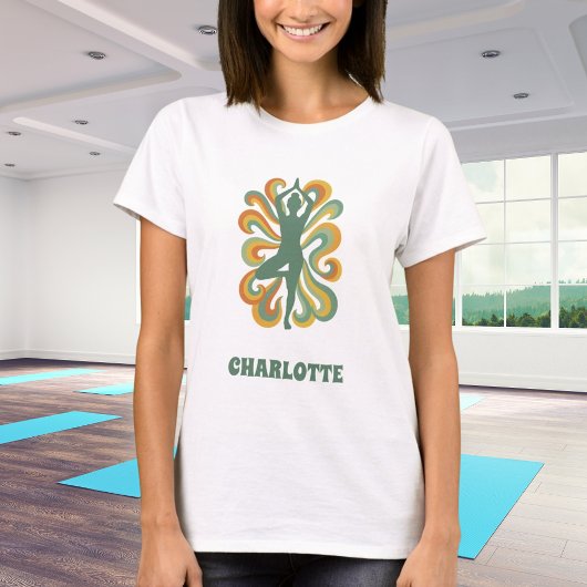 Yoga pose wervelingen retro groen oranje naam t-shirt