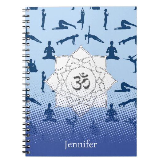 Yoga Poses and Lotus Flower on Blue Notitieboek (Voorkant)