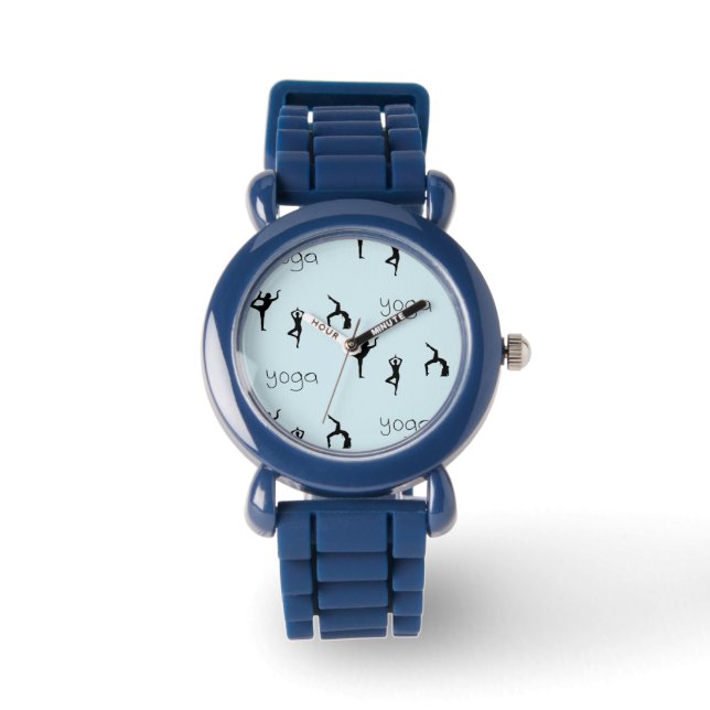 Yoga poses en tekstpatroon op blauw horloge (Voorkant)