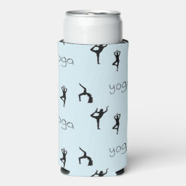 Yoga poses en tekstpatroon op blauw seltzer blikjeskoeler