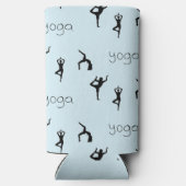 Yoga poses en tekstpatroon op blauw seltzer blikjeskoeler (Achterkant)