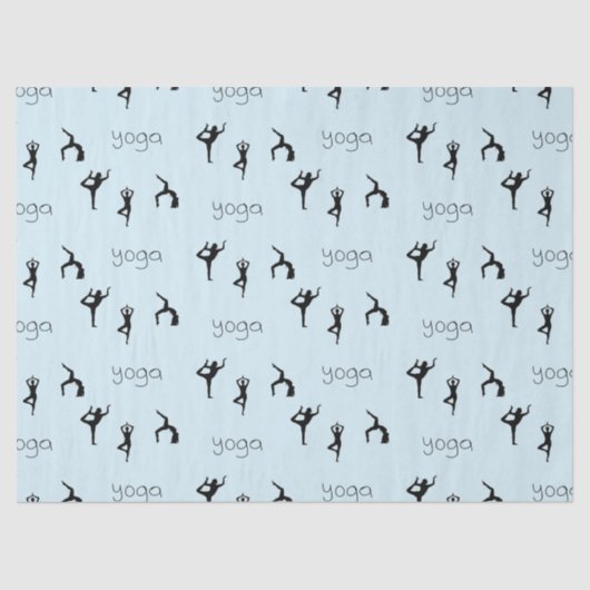 Yoga poses en tekstpatroon op blauw tissuepapier (Voorkant)