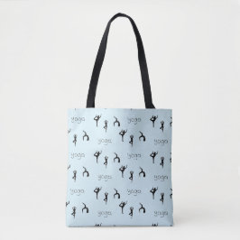 Yoga poses en tekstpatroon op blauw tote bag