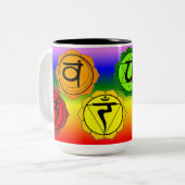 YOGA REIKI SEVEN CHAKRA SYMBOL MOK. (RAINBOW BG) TWEEKLEURIGE KOFFIEMOK (Voorkant links)