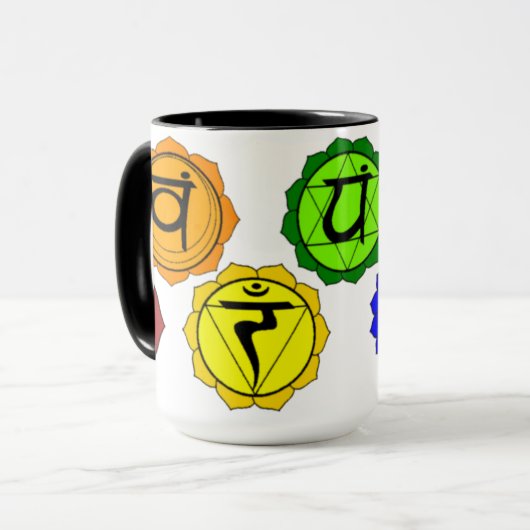 YOGA REIKI SEVEN CHAKRA SYMBOLS ETIKETTERDE MOKKEN (Voorkant links)