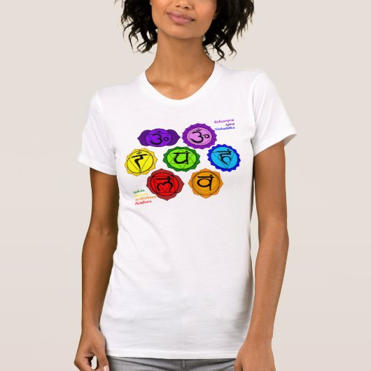 YOGA REIKI SEVEN CHAKRAS SYMBOLS ETIKETTERDE T-SHI T-SHIRT (Voorkant)