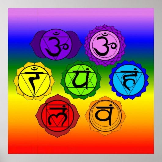Yoga Reiki Seven Chakras Symbols Rainbow BG Poster (Voorkant)