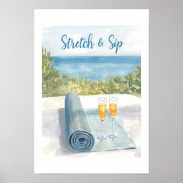 Yoga Stretch en Slurpen met oceaanachtergrond Poster