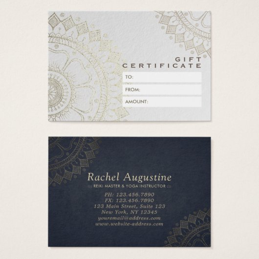YOGA Studio Cadeaubon Blue en Gold Mandala Visitekaartjes (Voorkant /achterkant)