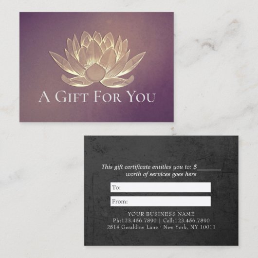 YOGA Studio Instructor Cadeaubon Gold Lotus Kortingskaartje (Voorkant / Achterkant)