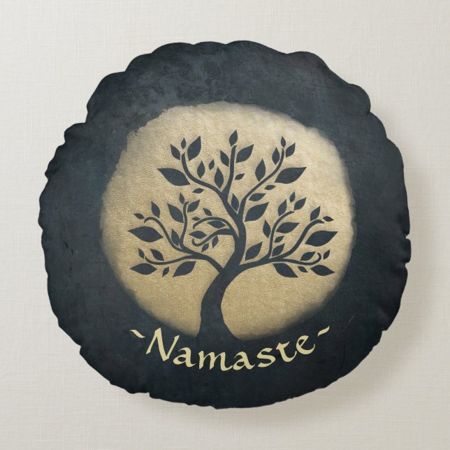 Yoga Studio Meditation Instructor Black Gold Tree Rond Kussen (Voorkant)