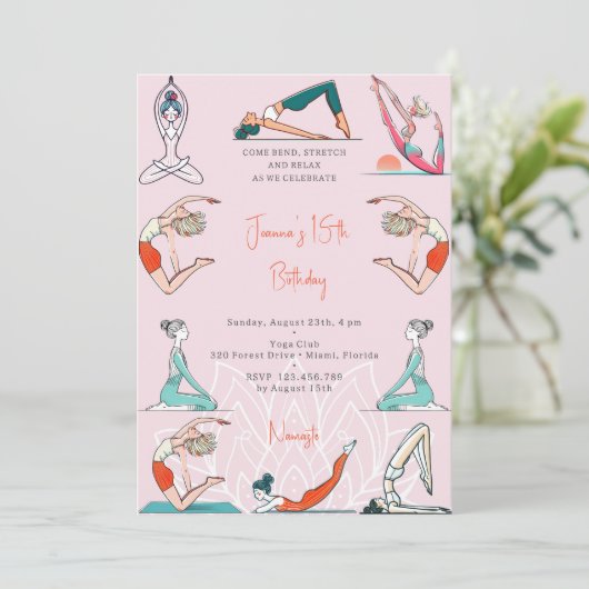 Yoga verjaardagsfeestje kaart (Staand voorkant)