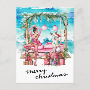 Yoga Vrouw met Cadeau op het strand Kerstmis thema Feestdagenkaart