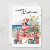 Yoga Vrouw met Cadeau op het strand Kerstmis thema Feestdagenkaart (Voorkant)