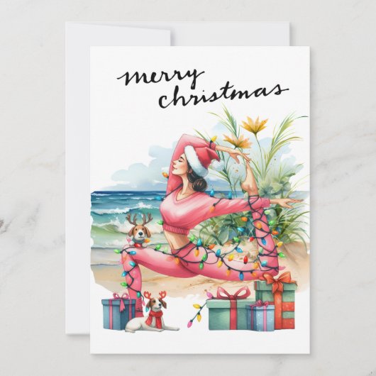 Yoga Vrouw met Cadeau op het strand Kerstmis thema Feestdagenkaart (Voorkant)