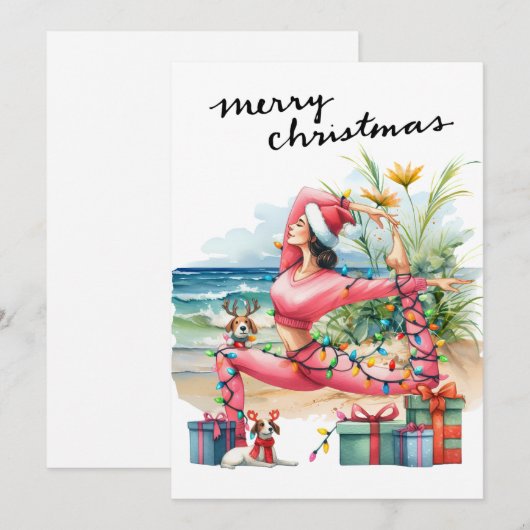 Yoga Vrouw met Cadeau op het strand Kerstmis thema Feestdagenkaart (Voorkant / Achterkant)