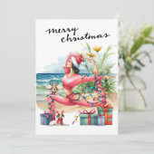 Yoga Vrouw met Cadeau op het strand Kerstmis thema Feestdagenkaart (Staand voorkant)