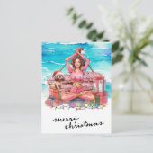 Yoga Vrouw met Cadeau op het strand Kerstmis thema Feestdagenkaart (Staand voorkant)