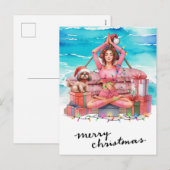 Yoga Vrouw met Cadeau op het strand Kerstmis thema Feestdagenkaart (Voorkant / Achterkant)