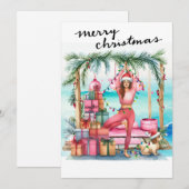 Yoga Vrouw met Cadeau op het strand Kerstmis thema Feestdagenkaart (Voorkant / Achterkant)