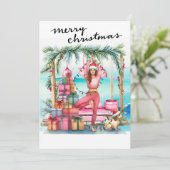 Yoga Vrouw met Cadeau op het strand Kerstmis thema Feestdagenkaart (Staand voorkant)