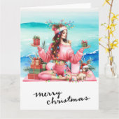 Yoga Vrouw met Cadeau op het strand Kerstmis thema Kaart (Gele Bloem)