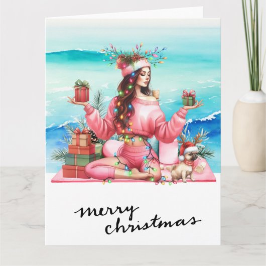 Yoga Vrouw met Cadeau op het strand Kerstmis thema Kaart (Voorkant)