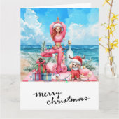 Yoga Vrouw met Cadeau op het strand Kerstmis thema Kaart (Gele Bloem)