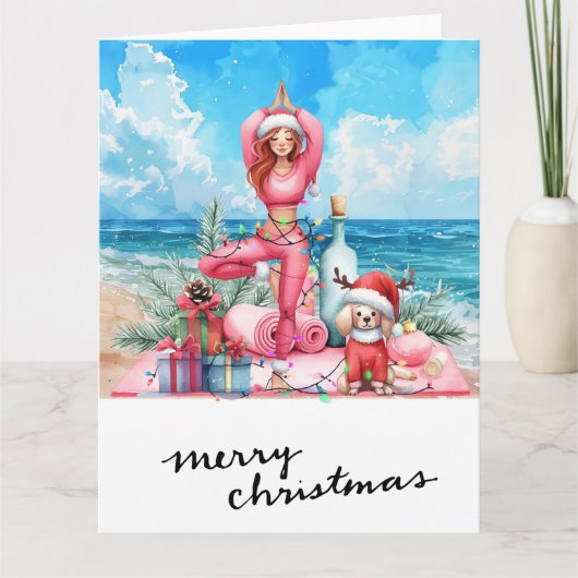 Yoga Vrouw met Cadeau op het strand Kerstmis thema Kaart (Voorkant)