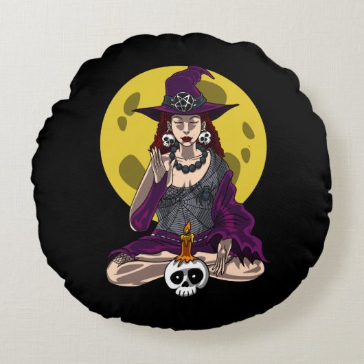 Yoga Witch Zen Meditation Namaste Halloween Rond Kussen (Voorkant)