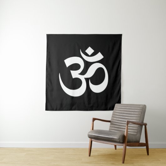 Yoga zwart wit Om Hindoe Boeddhist Symbool Wandkleed (In situ)