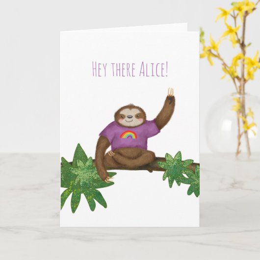Yogi sloth-kaart, speciaal gepersonaliseerd "hey d kaart (Gele Bloem)