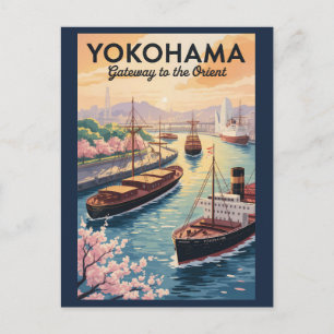 Yokohama Japan Illustratie Reis Kunst Vintage Briefkaart