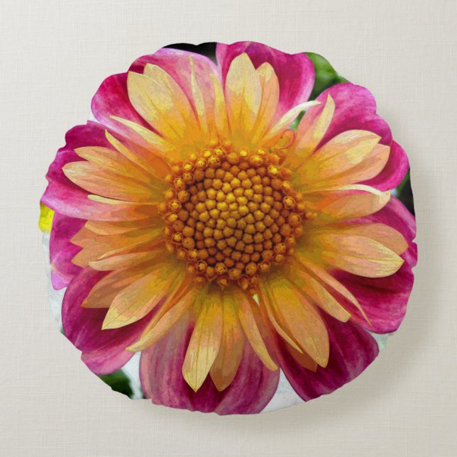 Yolanda Yellow Dahlia Rond Kussen (Voorkant)