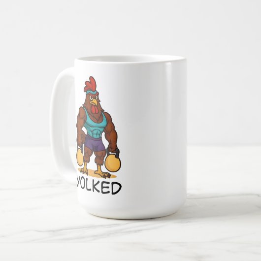 Yolked Rooster – Funny Strong Chicken Kettlebell Koffiemok (Voorkant links)