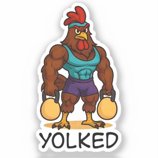 Yolked Rooster – Funny Strong Chicken Kettlebell Sticker (Voorkant)