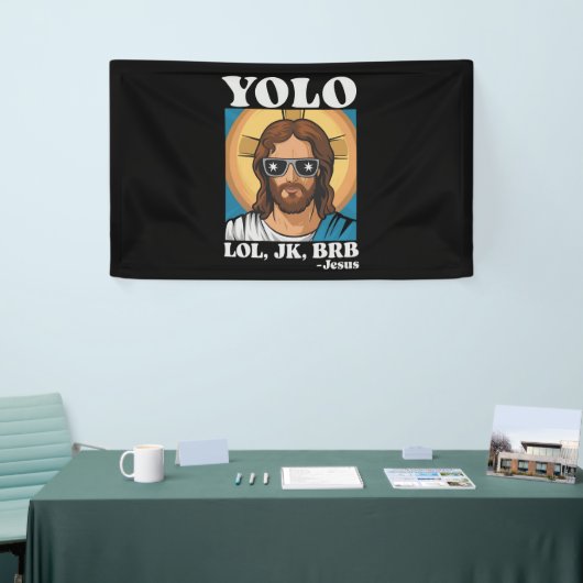 YOLO LOL JK BRB Jezus Grappig Pasen Spandoek (Beurs)