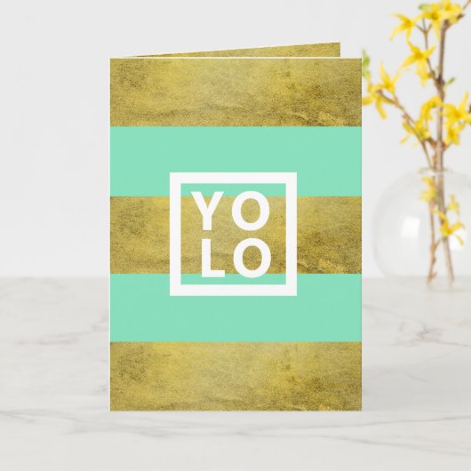 YOLO Simulated Gold Foil & Mint Stripe Modern Fold Kaart (Gele Bloem)