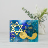 Yom Teruah Star Shofar Blue Real Gold Foil Kaart (Staand Voorkant)