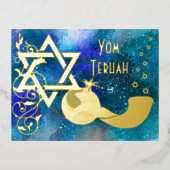 Yom Teruah Star Shofar Blue Real Gold Foil Kaart (Voorkant)