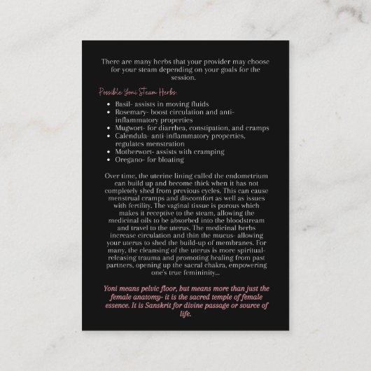 Yoni Steam Benefits Infocard Visitekaartje (Achterkant)