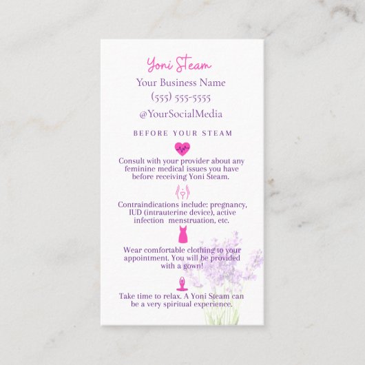 Yoni Steam pre- en Post Aftercare Instruction Card Visitekaartje (Voorkant)