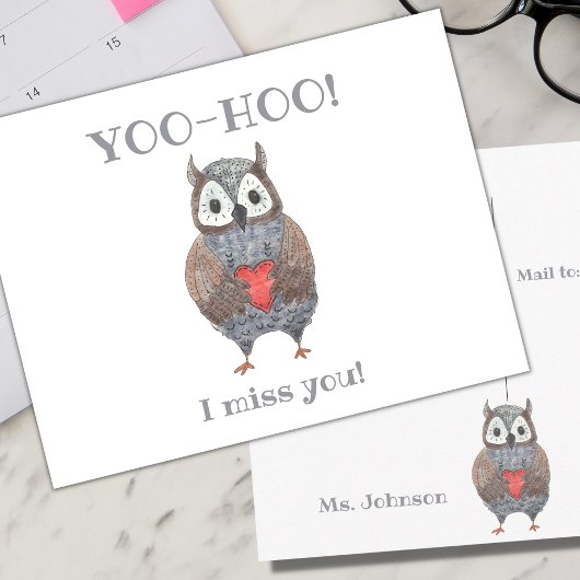 Yoo-hoo Heart Owl I Miss You School Teacher Briefkaart