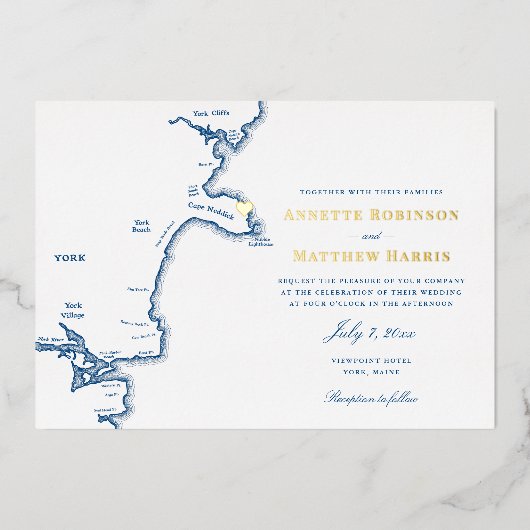 York Maine Bruiloft Marine en Goud Folie Uitnodiging (Voorkant)