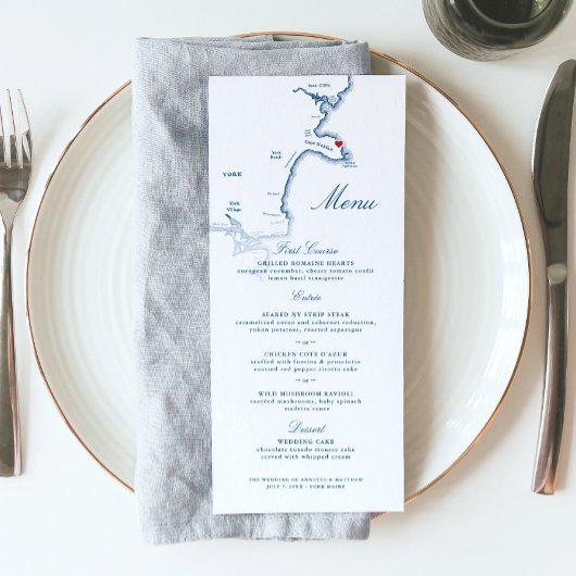 York Maine Kaart Elegant Navy Script Bruiloft