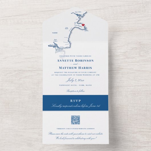 York Maine Kaart Elegante QR code Marine Bruiloft (Binnen)