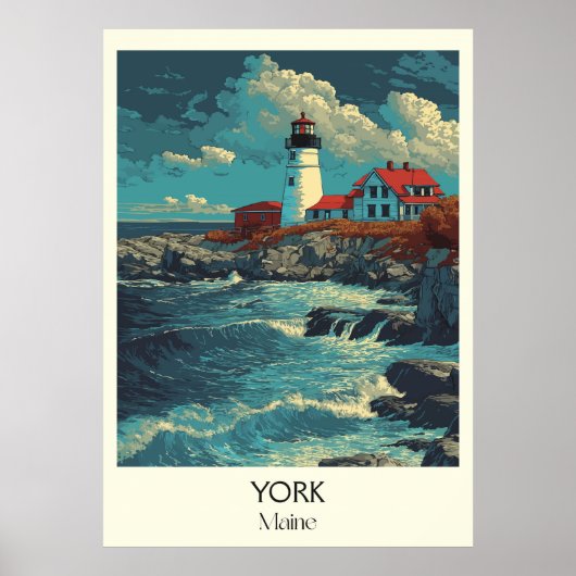 York Maine  Vuurtoren Kustgolven Kunst Poster (Voorkant)