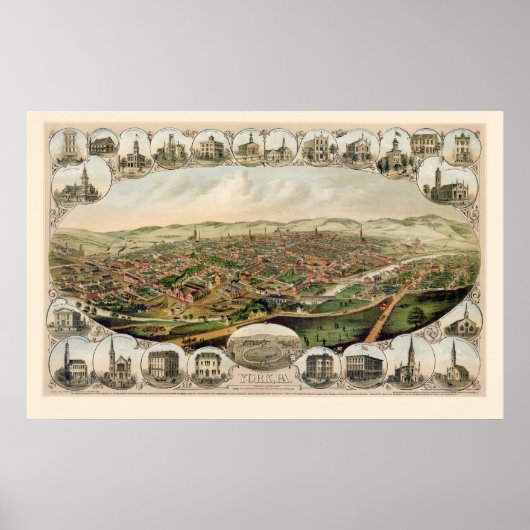 York, PA Panorama Kaart - 1879 Poster (Voorkant)