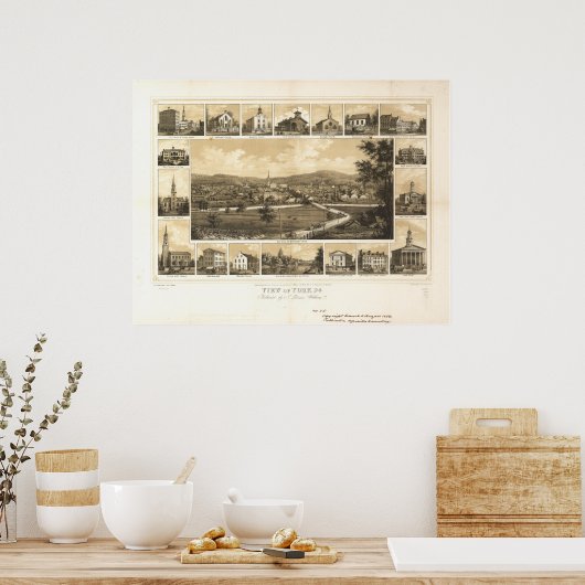 York Pennsylvania 1852 Antiek Panorama Poster (Keuken)