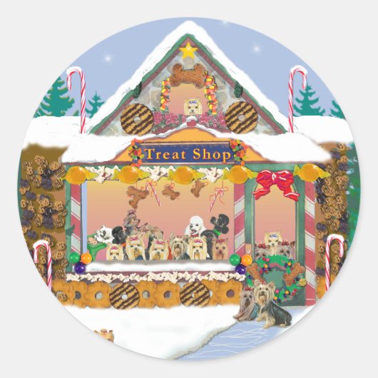 Yorkie Christmas Gingerbread House Ronde Sticker (Voorkant)
